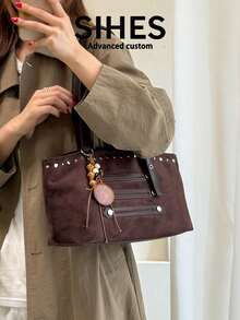 1pc Solid Color Suede Velvet New Women's Bag, Shoulder Bag, Fashion Large Capacity Baguette Bag, Zipper Closure, Dual Handles, Suitable For Commuting, Shopping, Dating, Shopping - Coffee - View 3