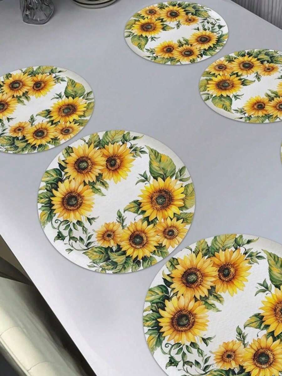 Set Alas Piring Bundar Motif Bunga Matahari 4/6 buah - Mudah Dibersihkan, Terbuat dari Bahan Linen Poliester Tahan Lama, Sempurna untuk Dekorasi Restoran dan Dapur, Dekorasi Pesta Liburan, Hadiah Kecil untuk Teman - MultiWarna - View 1