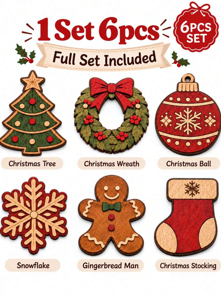 1/6 Styles 1set Christmas Wooden Coaster Set, Festive Tree Wreath Snowflake Gingerbread Stocking & Ornament Drink Coasters, Rustic Holiday Table Decor, Coffee Mug Cup Mats, Christmas Gift For Home Kitchen Party Decoration - Multicolor - View 1