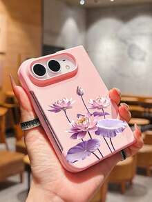 1pc Fashionable Cute Simple Skin Feel PC Material Flower Element Folding Phone Case, Can Protect And Prevent Falling For:SamsungGalaxy Z Fold 8/IPhoneDuo - Pink - View 1