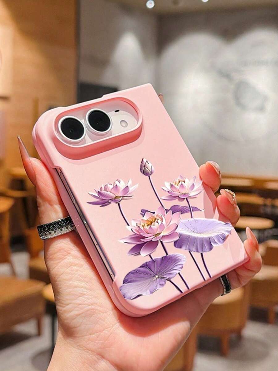 1pc Fashionable Cute Simple Skin Feel PC Material Flower Element Folding Phone Case, Can Protect And Prevent Falling For:SamsungGalaxy Z Fold 8/IPhoneDuo - Pink - View 1