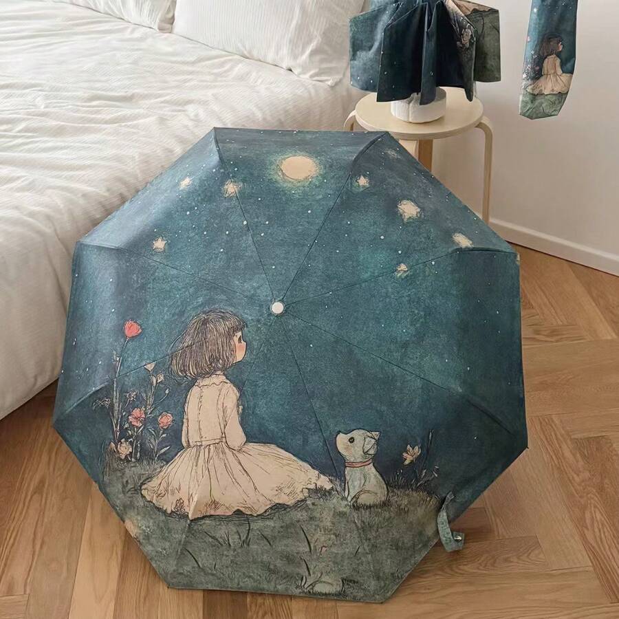 Romantic Starry Sky Cat Vinyl UV Protection Portable Foldable Sun & Rain Umbrella, Outdoor Universal Travel Essential - Manual Version - View 1