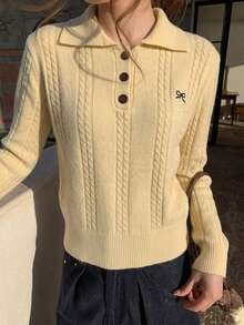 Women's Lazy Turn-Down Collar Cable Knit Loose Embroidered Vintage Sweater, Commuter Versatile Slimming Top - Yellow - View 6
