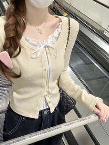 秋冬極簡性感蕾絲拼色鈕扣修身 2 合 1 長袖打底 T-shirt 上衣 - 杏色 - 查看 5