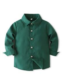 KIMOCAT Boys' Autumn Long Sleeve Solid Color Shirt, Versatile Collared Blouse, Multiple Colors Available - Green - View 2