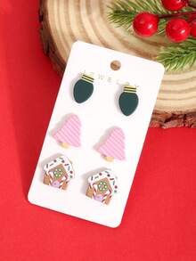 1 Set Christmas Lights Pink Christmas Tree House Print Minimalist Personalized Cute Elegant Earrings - Multicolor - View 2