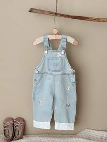 Baby Girls Infant Turn-Down Collar Petal Sleeve Top With Floral Embroidery Denim Overalls Lace Trim Spring Autumn Set - Baby Blue - View 8