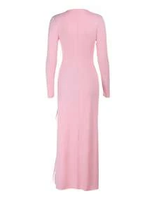 Autumn V-Neck Hollow Out Tie-Up Ruffle Trim Slit Long Sleeve Dress - Pink - View 6