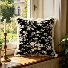 1PC French Floral Print Pillow Cover With Tassel Border, Double-Sided Decorative Pillowcase, Black Background White Flower Pattern, Home Decoration, Sofa, Bed, Bedroom(Excluding Pillow Core)-Size Excludes 3cm Tassels - Multicolor - View 6