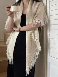 1pc Light Beige Triangle Shawl Scarf, Women's Knitted Tassel Shawl, Soft And Comfortable Women's Shoulder Wrap - Beige - View 2