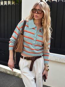 Women's American Vintage Casual Colorful Striped Knit Cardigan, Half-Button Front, Loose Fit, Short Length, Drop Shoulder Sweater For Autumn/Winter - Grey-blue Base With Orange-red Stripes - View 3