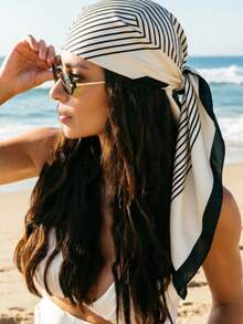 Casual Striped Pattern 90cm Square Scarf, Spring/Autumn New Style, Square Scarf, Women's Multi-Functional Belt, Bag Accessory, Ribbon, Headscarf - Black and White - View 1