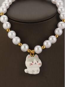 1 Cute Cat Necklace, Pearl Beaded Cat Collar, Cartoon Cat Charm Pet Jewelry, Cat Stuff For Small Cats Daily Wear & Photo Decor - Multicolor - View 14