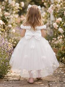 Baby Girls 3D Floral Mesh Bow Cute Party Dress Suitable For 1st Birthday Flower Girl, Headband Not Included - White - View 5