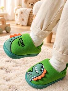 1 Pasang Sandal Hangat Anti Selip Tahan Aus dengan Motif Dinosaurus Bordir yang Modis - Hijau - View 6