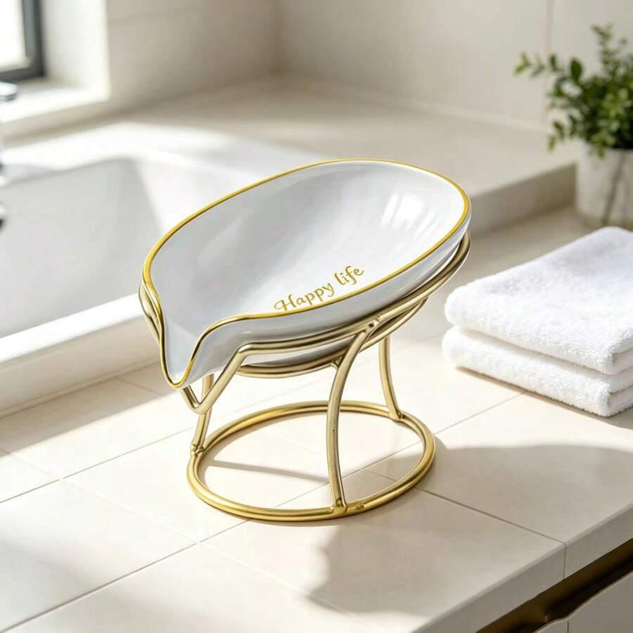 1pc Luxury Home Iron Soap Holder, High-End Transparent Lettered Soap Box, Bathroom Drill-Free Storage, Breathable Soap Rack With Drainage Design, Suitable For Bathroom And Kitchen - Rust-Proof Bathroom Accessory