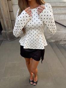 Vuslat Women's Winter Fashion Polka Dot Round Neck Cinched Waist Ruffle Hem Long Sleeve Top, Suitable For Commute, Date, Birthday, Party - Black and White - View 9