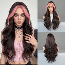 AKAKO Peruca com Mechas Rosas, Ondas Corporais Soltas e Longas, Peruca com Divisão Central, Fibra Sintética Resistente ao Calor, Peruca de Fantasia para Halloween, Festa de Festival de Música, Uso em Cosplay, 26 Polegadas - Multicolorido - Visão 12