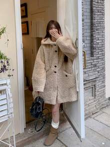 [Y6Y]Women's Lamb Fleece Mid-Length Hooded Button Coat, Winter Daily Warm Elegant Overcoat - Apricot - View 1