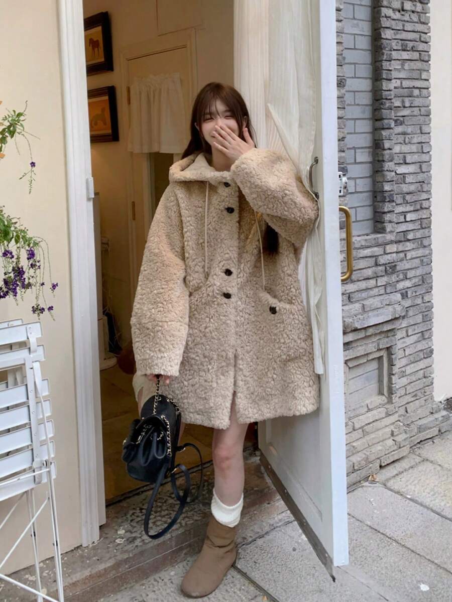 [Y6Y]Women's Lamb Fleece Mid-Length Hooded Button Coat, Winter Daily Warm Elegant Overcoat - Apricot - View 1