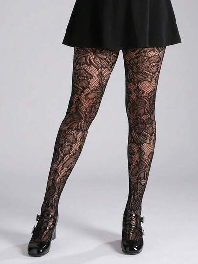 1 Pair Plus Size Jacquard Fishnet Tights, Leaf Hollow Out Leggings, Sexy Fashion, Versatile For Party Home Office, Black Stockings, Suitable For 40-100KG