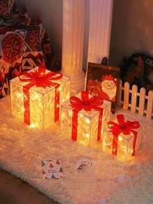 3pcs LED Warm Light With Red Bow Gift Box, Lighting Gift Box - LED Lighting Holiday Desktop Decoration, Birthday Gift Packaging, Valentine's Day Gift - Multicolor - View 3
