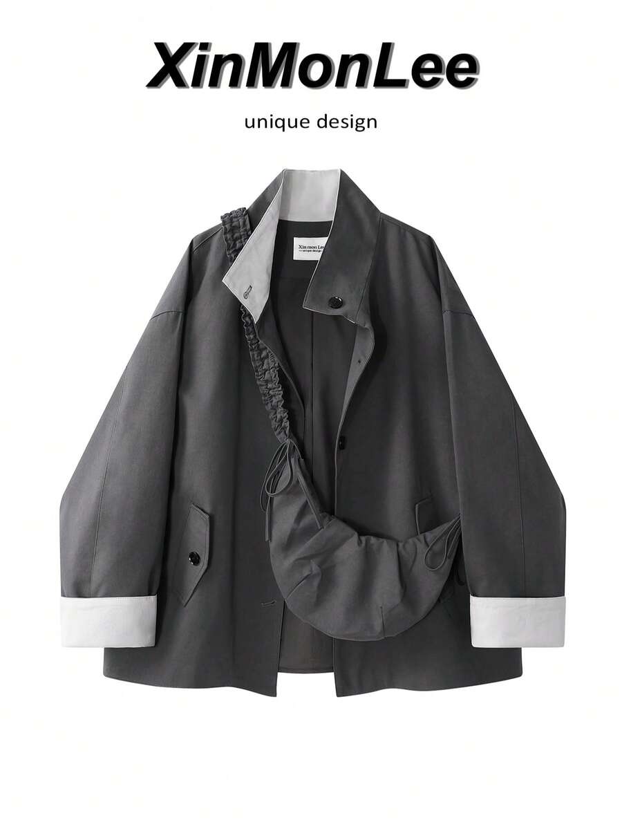 Premium Unique Stand Collar Vintage Cargo Style Style Button-Up Jacket, Casual For College, Daily, Office, Spring And Autumn - Grey - View 1