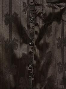 Women's Autumn/Winter Striped Bow Jacquard Satin Patch Pocket Front Button Long Sleeve Long Pants Pajama Set - Black - View 6