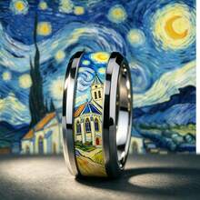 1pc 8mm Black & Silver Dual-Tone Stainless Steel Ring, Van Gogh Church & Starry Night Art Pattern, Impressionist Personalized Ring, Comfortable Fit Unisex Jewelry, Perfect Gift For Art Lovers - Multicolor - View 3