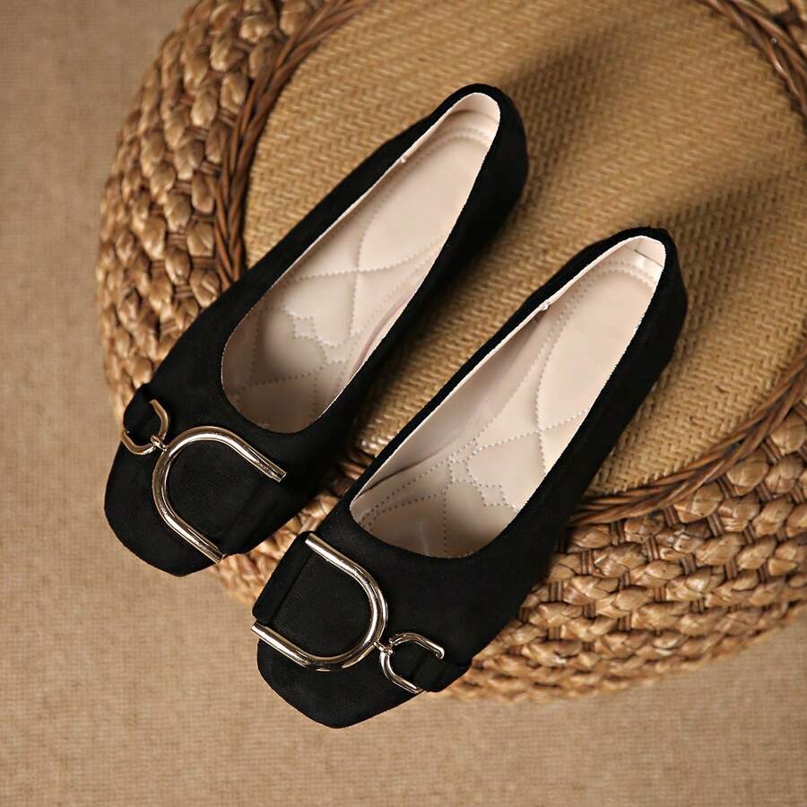 1 Pair Solid Color Fashion Pure Metal Flat Square Toe Women's Shoes For Office, Home, Outdoor, Gym, Party, Wedding, Holiday, Beach, All Seasons - Black - View 1