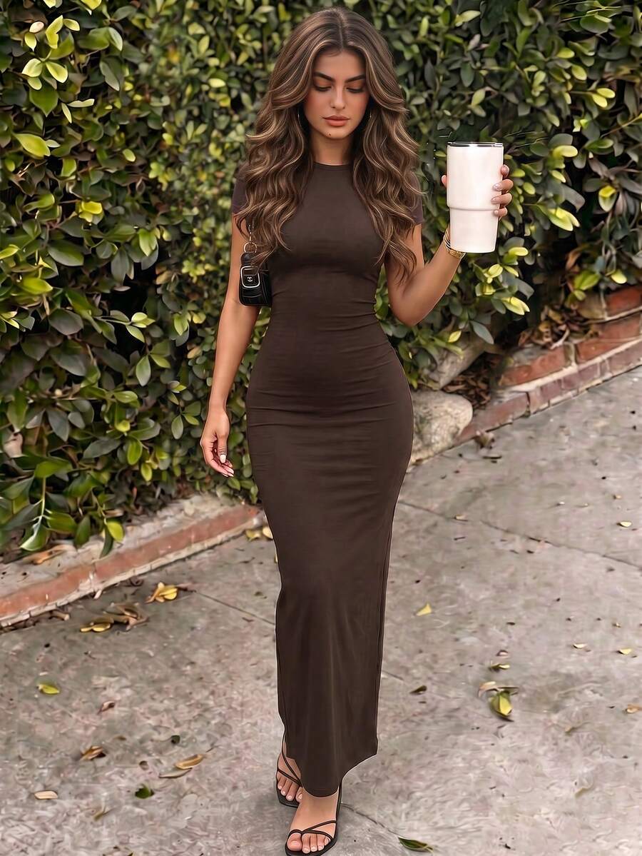 Đầm ôm nữ GLAMSKIN cổ tròn tay ngắn nhún bèo, đầm bodycon màu nâu thanh lịch, phù hợp mặc hàng ngày mùa thu, đi học, phong cách đường phố thường ngày - màu nâu - Xem 1