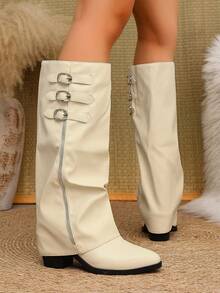 2024 Autumn New Women's Tall Boots Fashion Embroidered Knight Boots Mid-Heel Non-Slip - Beige - View 7