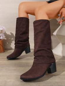 WTKMRSSTEP Women's Autumn/Winter Tall Slouch Boots With Chunky Heel, Simple Commuter Riding Boots - Brown - View 2