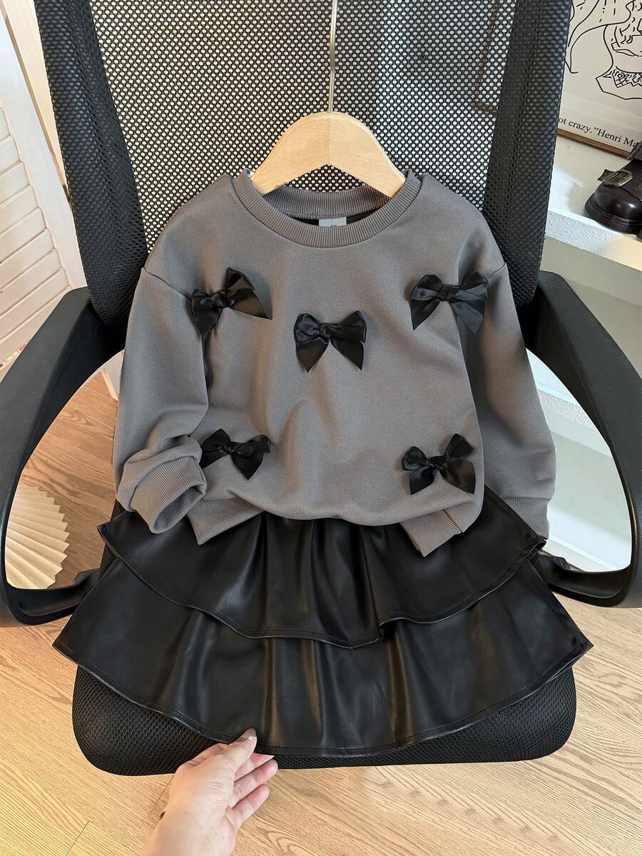 Autumn/Winter Sweet & Cool Rich Girl Style Toddler Girls 2 Pieces Set, 3D Black Bow Sweatshirt & Double-Layer Ruffle Leather Skirt, Casual - Grey - View 1