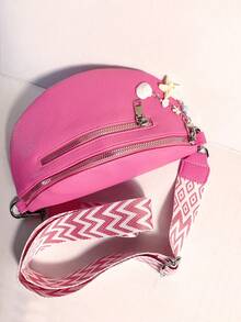 Rose Pink Women's Chest Bag Waist Bag With Starfish Charm, Multi-Compartment Zipper Closure One Shoulder Crossbody Saddle Bag - Hot Pink - View 4