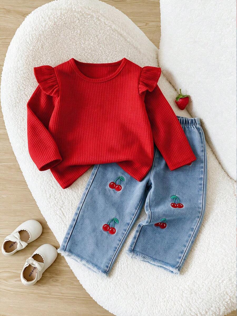 Girls Red Waffle Knit Flutter Sleeve Long Sleeve Top & Cherry Embroidered Frayed Hem Straight Leg Denim Jeans 2 Pieces Set, Sweet Style Spring/Autumn - Red - View 1