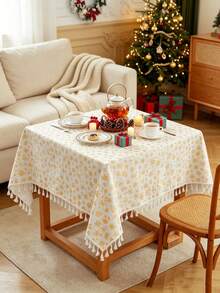 1pc Christmas Tablecloth, Christmas Gold Foil Bell Design, Rectangular Tablecloth, Beige Tassel Decoration, Coffee Table, Bedside Table, Cabinet, Small Table Cover, Tabletop Decor, Holiday, Party Decoration, Suitable For Kitchen, Dining Room, Gathering, Dining, Holiday, Party, New Year Decoration, Christmas Decoration, Gift, Merry Christmas - Yellow - View 5