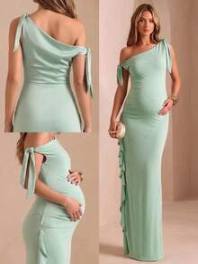 Women's Summer Green Elastic Maternity Fitted Cold Shoulder Ruffle Casual Maxi Dress, Wedding Guest Dress - Green - View 1