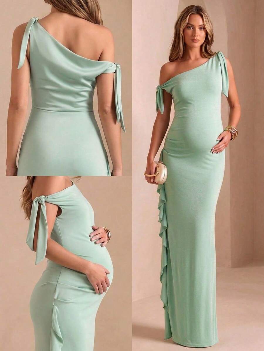 Women's Summer Green Elastic Maternity Fitted Cold Shoulder Ruffle Casual Maxi Dress, Wedding Guest Dress - Green - View 1
