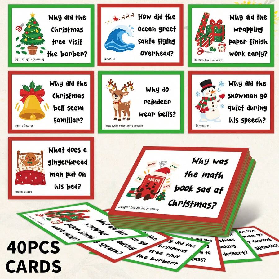 40pcs Fun Christmas Joke Question Cards With Answer - Holiday Q&A Game Cards With Santa, Elf, Reindeer & Snowman Designs, Christmas Party Game Cards, Christmas Gifts - A - View 1