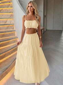 Vellofy Women's Autumn/Winter Yellow Ruffle Strap Top + Layered Long Skirt Two Pieces Set, Elastic Waistband Outfit, Suitable For Home Leisure, Daily Dating And Party - Yellow - View 12