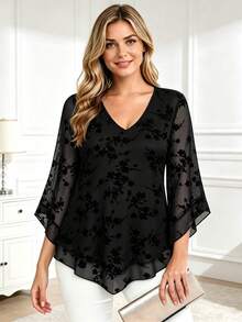 CheersLife Plus Size Women's Elegant Blouse, V-Neck Double-Layer Elastic Mesh Casual Flowy Work Shirt With Ruffle Hem And 3/4 Bell Sleeves Spring Black - Black - View 1