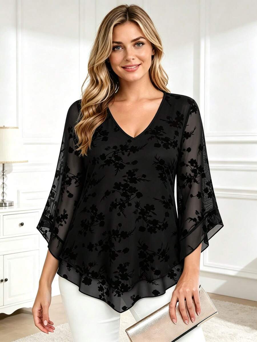 CheersLife Plus Size Women's Elegant Blouse, V-Neck Double-Layer Elastic Mesh Casual Flowy Work Shirt With Ruffle Hem And 3/4 Bell Sleeves Spring Black - Black - View 1