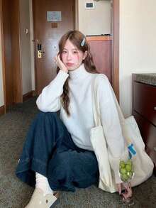 Women's Winter High Neck Ribbed Knit Pullover Sweater, Loose Long Sleeve High Elastic Warm Top, Suitable For Autumn/Winter Wear - White - View 7