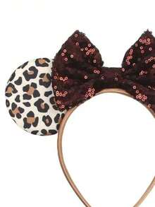 Disney 1pc Classic Character Ear Headband, Leopard Animal Print Fabric Ears Dark Brown Sparkle Sequin Bow Fashion Cosplay Party Hair Hoop  - Multicolor - View 4