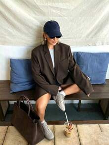 Women's Autumn Solid Color Casual Loose Long Sleeve Blazer Jacket - Brown - View 2