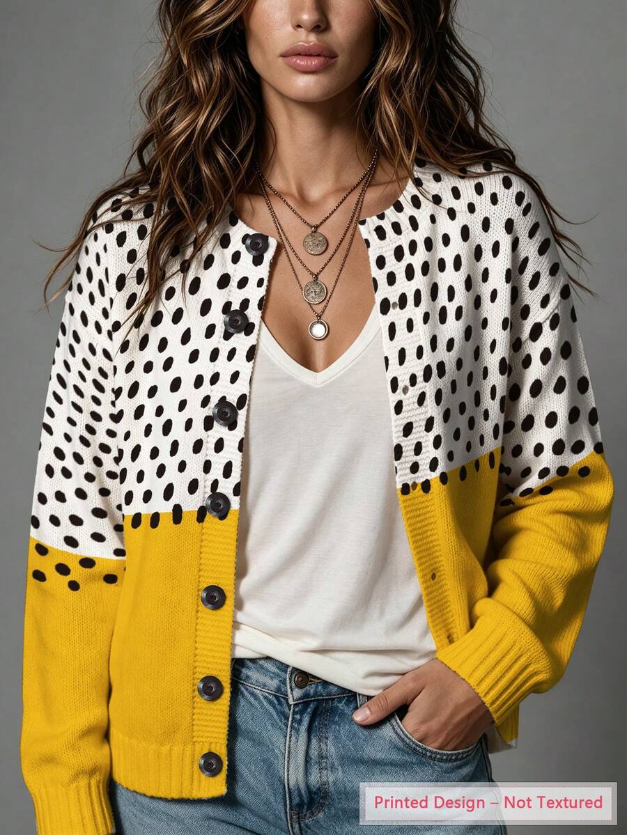 ASHKATIA Women's Plus-Size Thin Sweater Cardigan For Autumn And Winter Yellow Polka Dot Color-Contrast Print - Multicolor - View 1