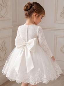 Young Girls Lace Long Sleeve Bow Mesh Elegant Flower Girl Princess Dress Suitable For Birthday Party, Headband Not Included - White - View 3