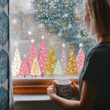 3pcs Christmas Window Stickers Yellow Green Gold Christmas Tree Snowflake, Christmas Home Window Decoration - Multicolor - View 2