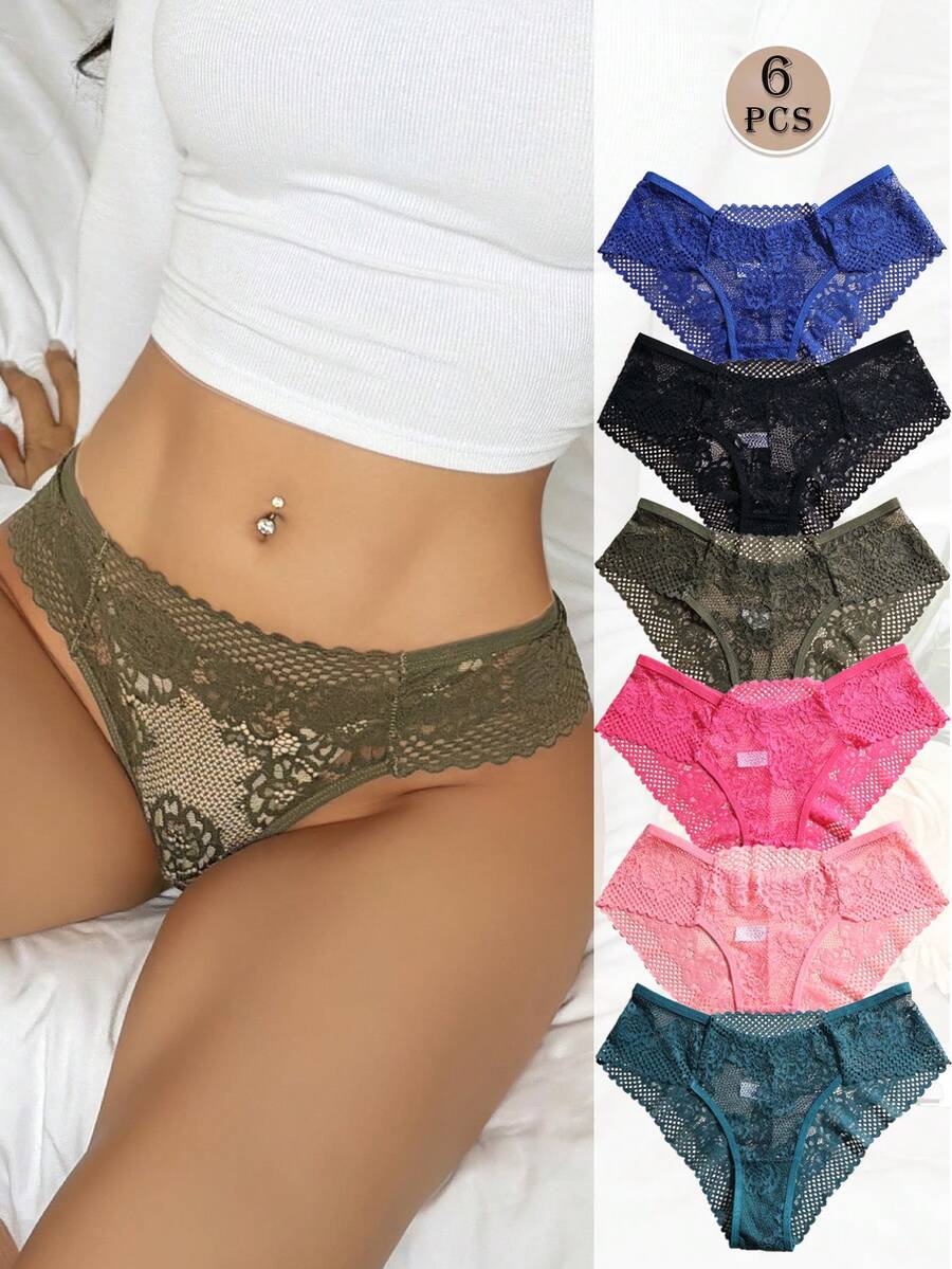 6pcs Sexy Lace Patchwork Bikini Women's Panties Low Waist Seamless Triangle Hollow Out Comfortable Underwear